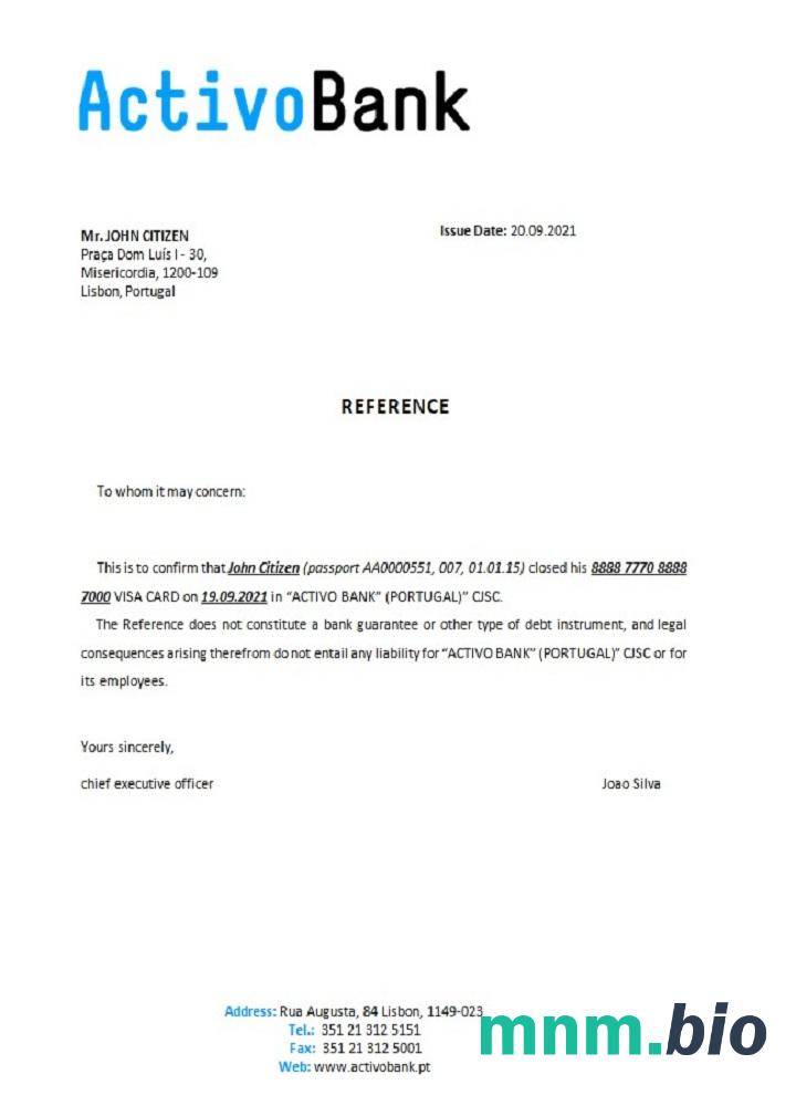 Portugalia ActivoBank zamknięcie przykład odniesienia w formatach Word i PDF